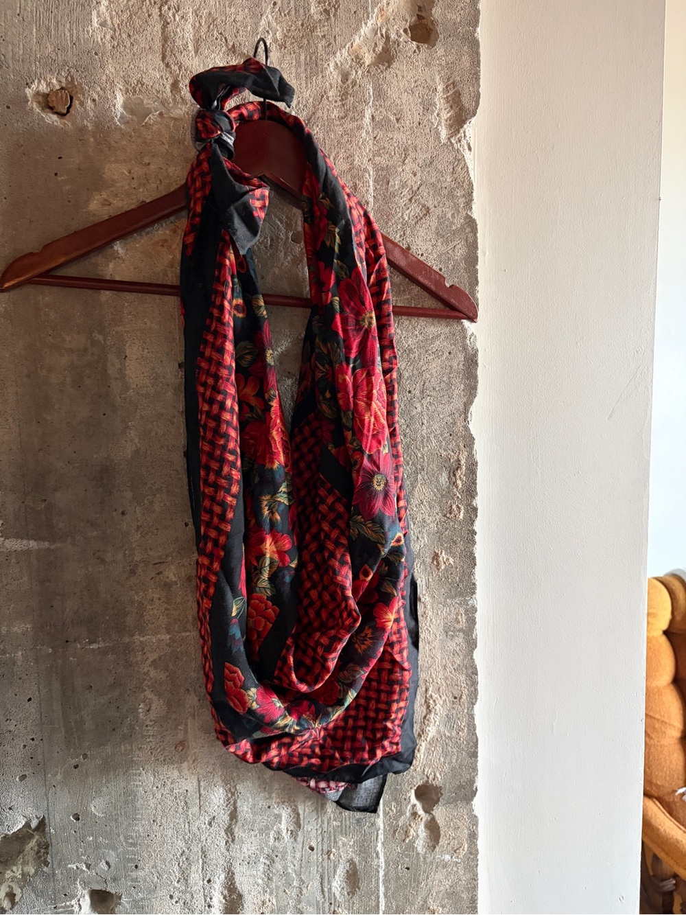 Beautiful Red Floral Scarf with Black Accents